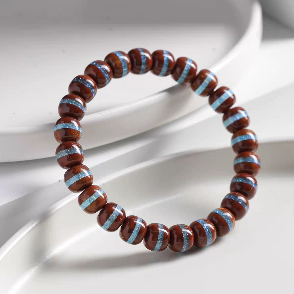 ✨【NEW】Opal Striped Purple‑Gold Rat Bodhi Bracelet | Polished 8×9mm Barrel Beads for Daily Wear