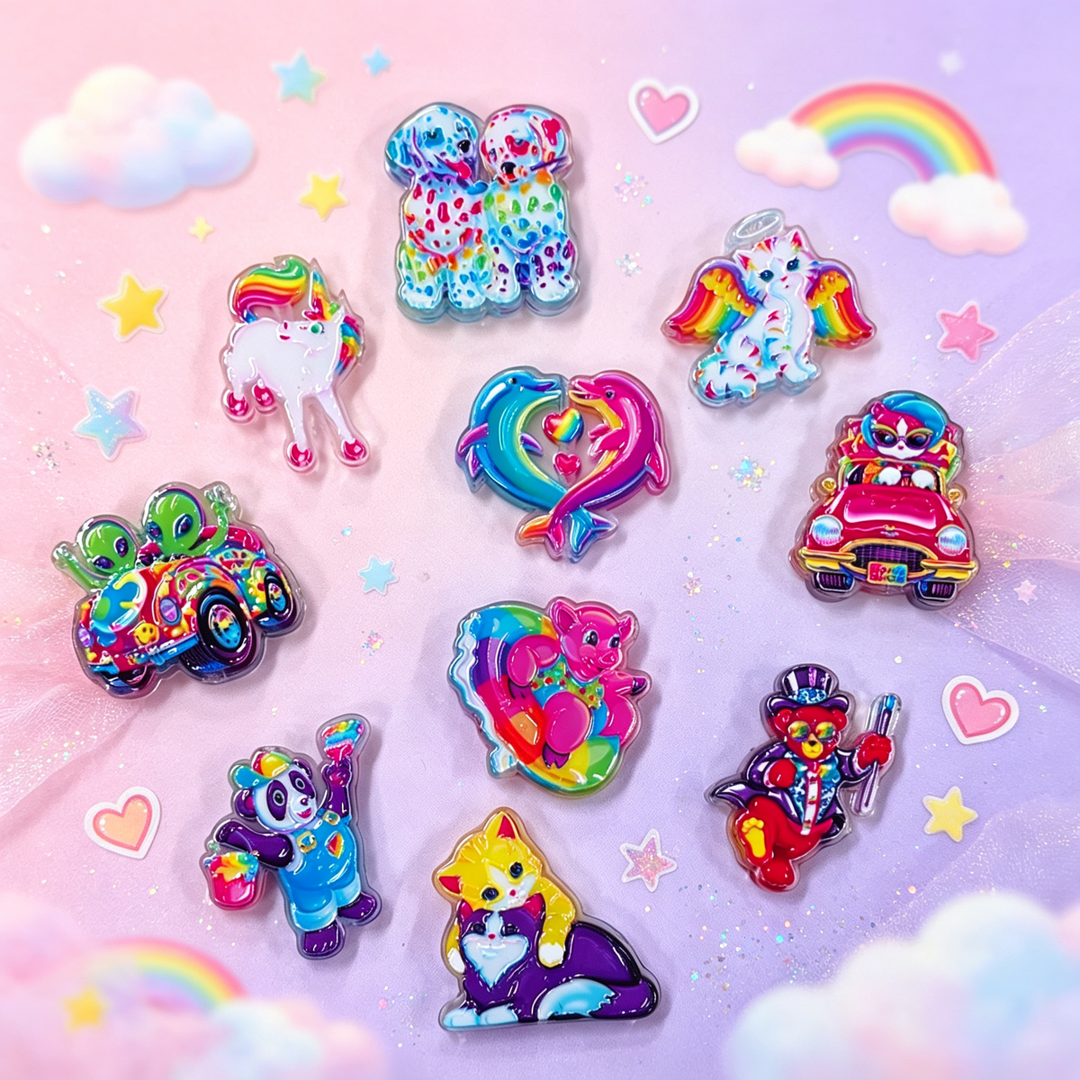 ✨【NEW】Vibrant Rainbow Cartoon Acrylic Charm, Double Sided Embossed, DIY Handmade Decoration Accessory | Lisa Frank