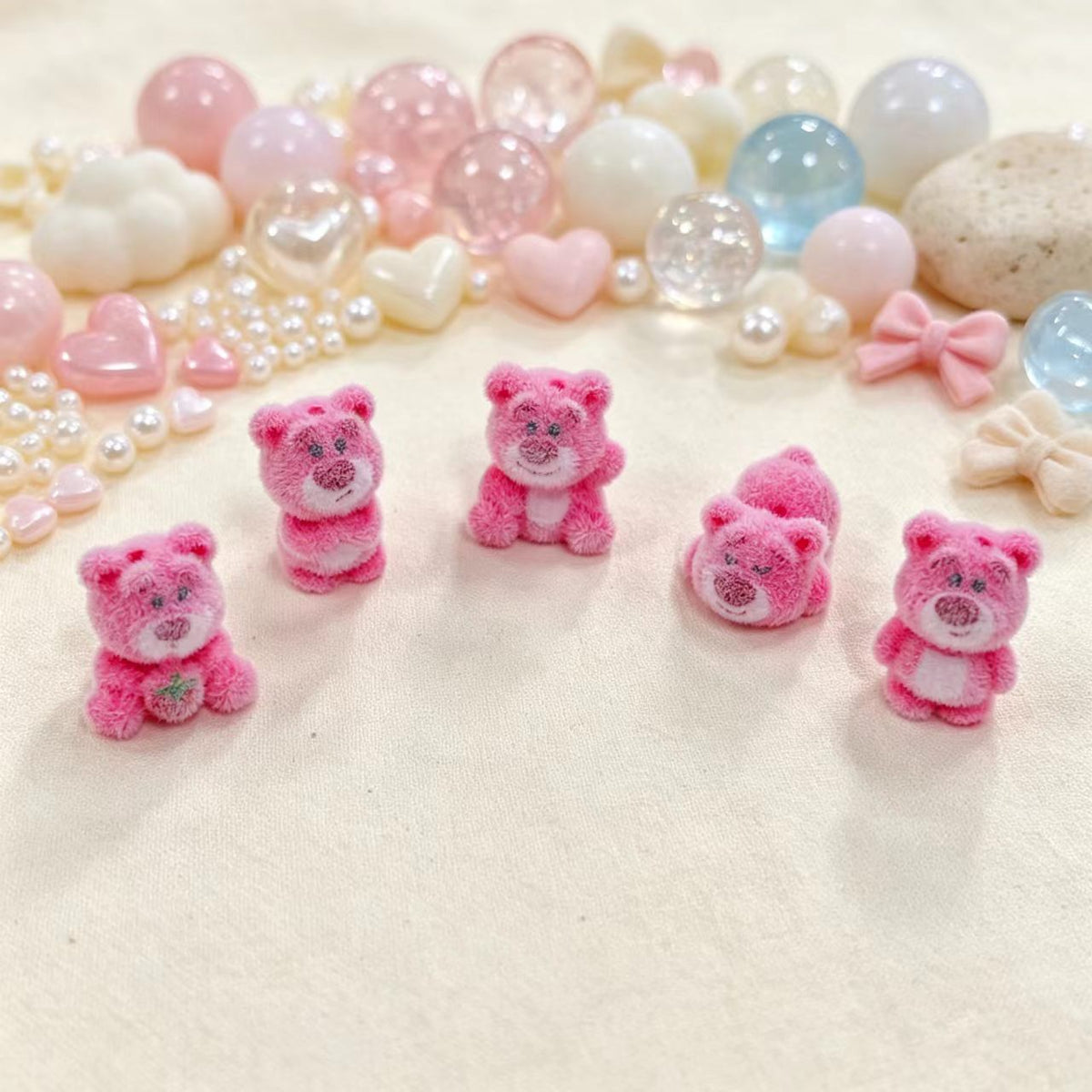 ✨【NEW】Fluffy Strawberry Bear|Flocked Bear Beads, Vertical Through‑Hole for DIY Jewelry & Craft Making
