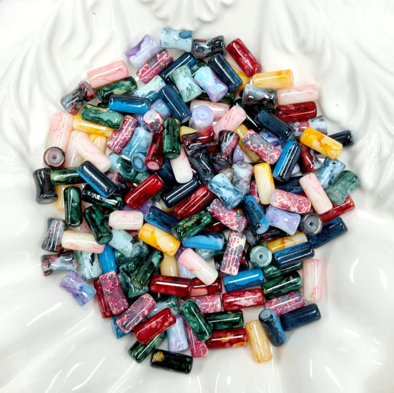 ✨【NEW】Pigment Veil Tube | Marbled Straight Tube & Bamboo‑Knot Glass Beads for DIY Bracelet Earring Jewelry Making
