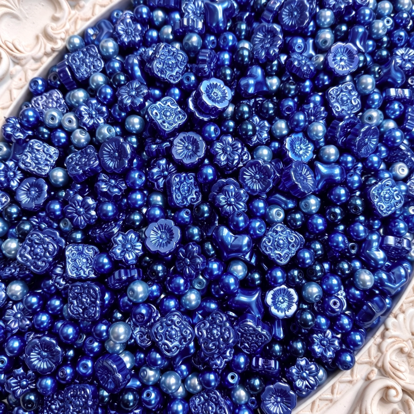 🩵【NEW】Sapphire Tide Imitation Pearl Glass Beads, Vintage Embossed Flower Heart Loose Beads for DIY Bracelet Necklace Jewelry Making