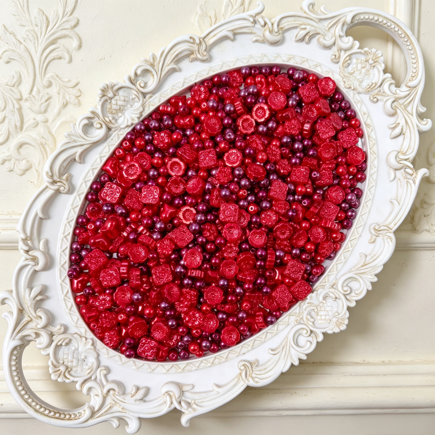 ✨【NEW】Ruby Crest | Imitation Pearl Glass Beads, Vintage Embossed Flower Heart Loose Beads for DIY Bracelet Necklace Jewelry Making