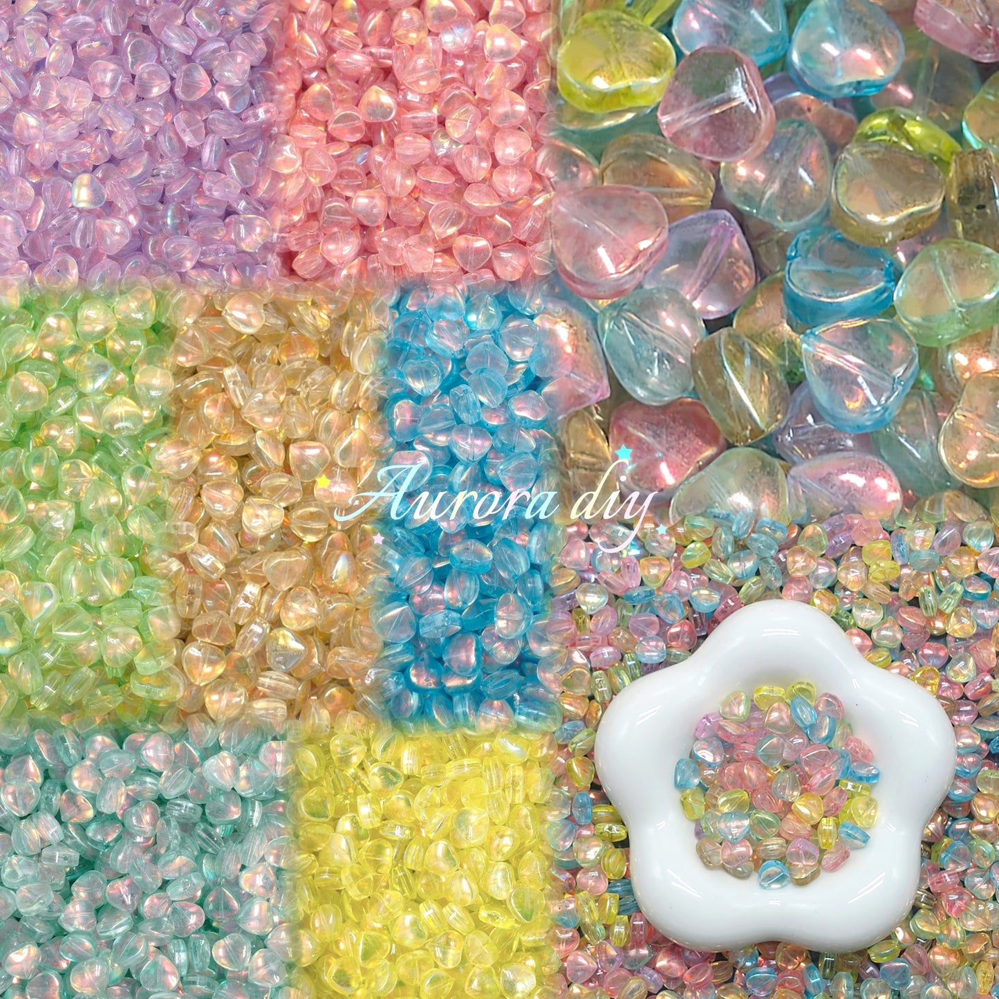 【NEW】Aurora Heart Transparent Heart Glass Beads Pastel Multi Tone DIY Jewelry Supplies