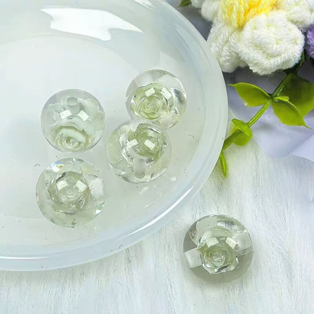 ✨[NEW]16mm Rose Embedded Resin Beads | Straight‑Hole Transparent Floral Round Beads