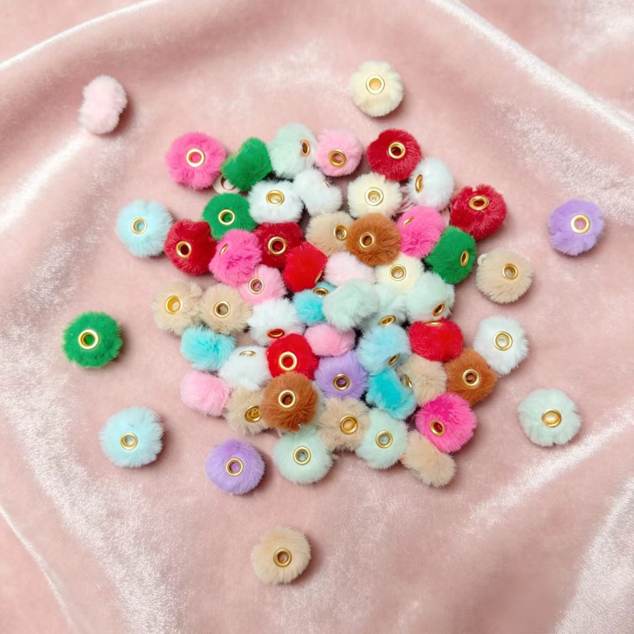 ✨【NEW】Fluffy Faux‑Rabbit Pom‑pom｜Colorful Straight Hole Beads for DIY Phone Charm Jewelry Making