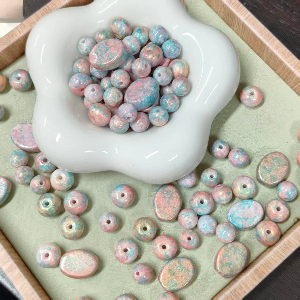✨【NEW】Gilded Mottles | Mixed‑Shape Gilded Speckled Glass Beads Set, 8mm Round /7.5×10mm Flat‑Barrel /12.5×16mm Oval Flat Plaque for DIY Jewelry Making