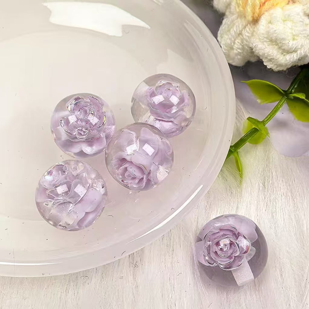 ✨[NEW]16mm Rose Embedded Resin Beads | Straight‑Hole Transparent Floral Round Beads