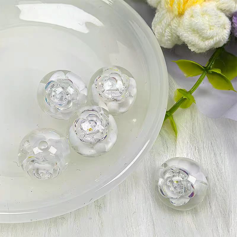 ✨[NEW]16mm Rose Embedded Resin Beads | Straight‑Hole Transparent Floral Round Beads