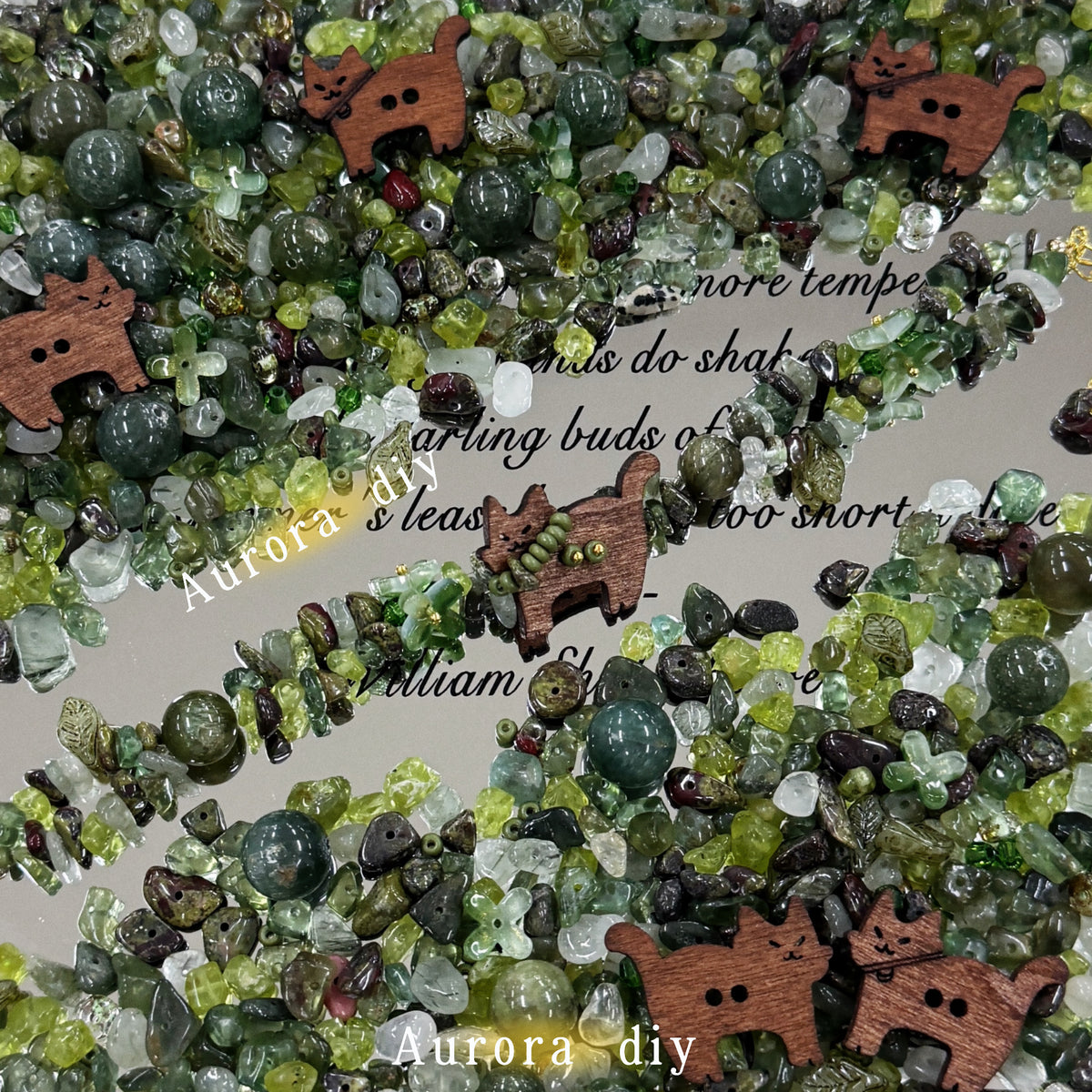 ✨【NEW】 Forest Gem | Green Crystal Chips Mix, Wood Cat Charms & Glass Beads DIY Jewelry Supplies
