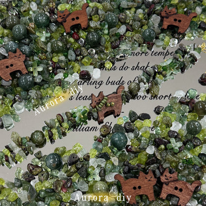 ✨【NEW】 Forest Gem | Green Crystal Chips Mix, Wood Cat Charms & Glass Beads DIY Jewelry Supplies