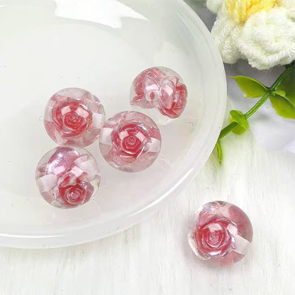 ✨[NEW]16mm Rose Embedded Resin Beads | Straight‑Hole Transparent Floral Round Beads