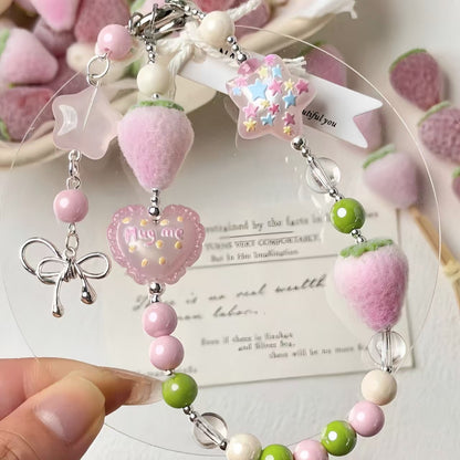 ✨【NEW】Fluffy Strawberry｜Flocked Strawberry Beads, Vertical Through‑Hole for DIY Jewelry Making