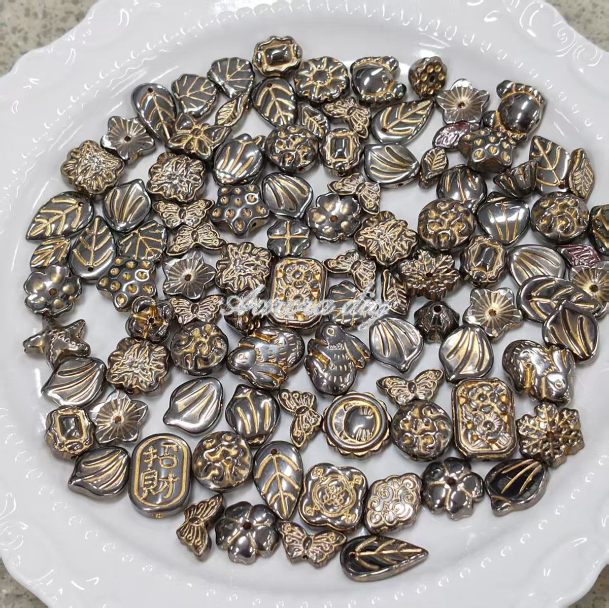 ✨【NEW】Antique Gild | Mixed Metal Finish Glass Beads, Vintage Floral Leaf Butterfly DIY Jewelry Supplies