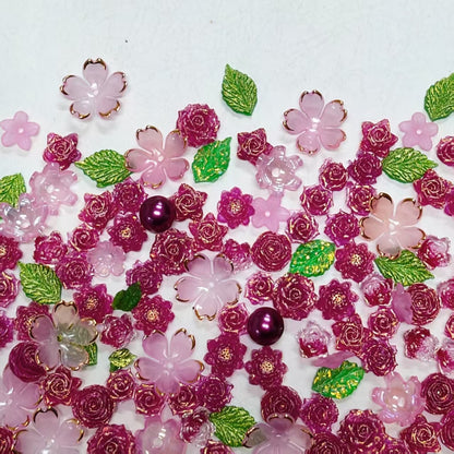 ✨【NEW|B1G1】Fuchsia Petalia | Resin & Acrylic Mixed Flower‑Leaf Set With Pearl‑Like Glass Beads, Assorted Floral Charms for DIY Jewelry Making