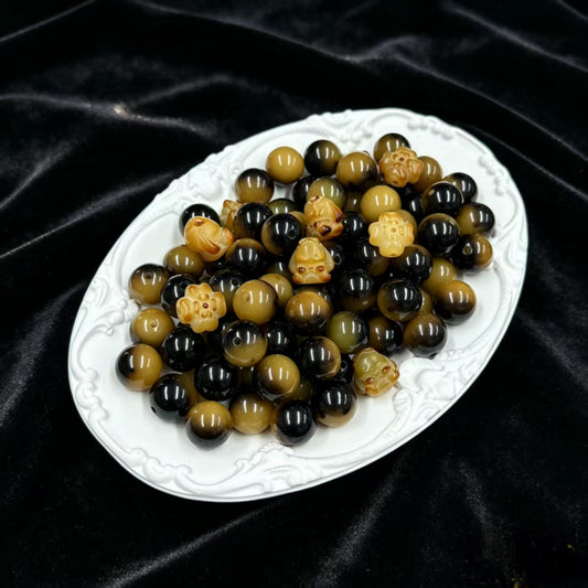 ✨【NEW】Amber Grove | 12mm Round Bodhi Beads With Carved Bunny & Four‑Leaf Flower Bodhi Beads