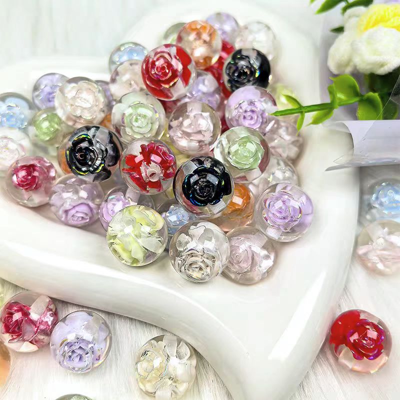 ✨[NEW]16mm Rose Embedded Resin Beads | Straight‑Hole Transparent Floral Round Beads