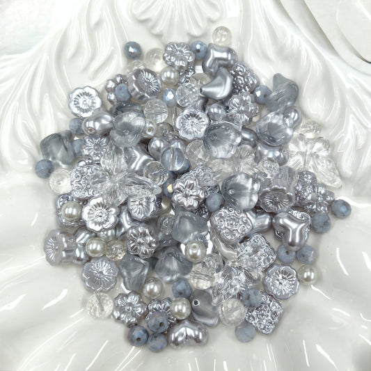 ✨【NEW】Silver Moonlight | Mixed Silver‑Tone Glass Beads, Faceted &amp; Pearl‑like Charms For DIY Jewelry Making