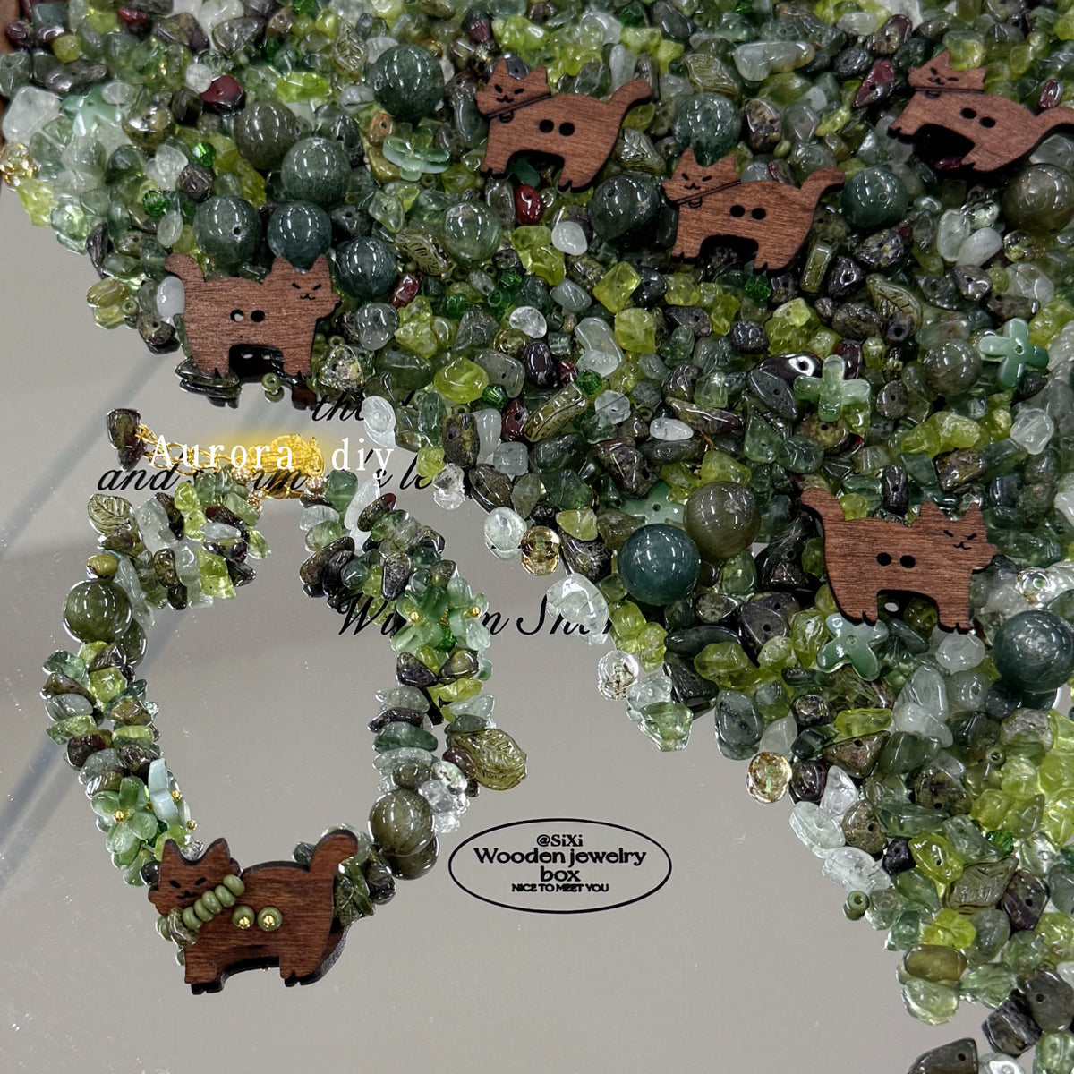 ✨【NEW】 Forest Gem | Green Crystal Chips Mix, Wood Cat Charms & Glass Beads DIY Jewelry Supplies
