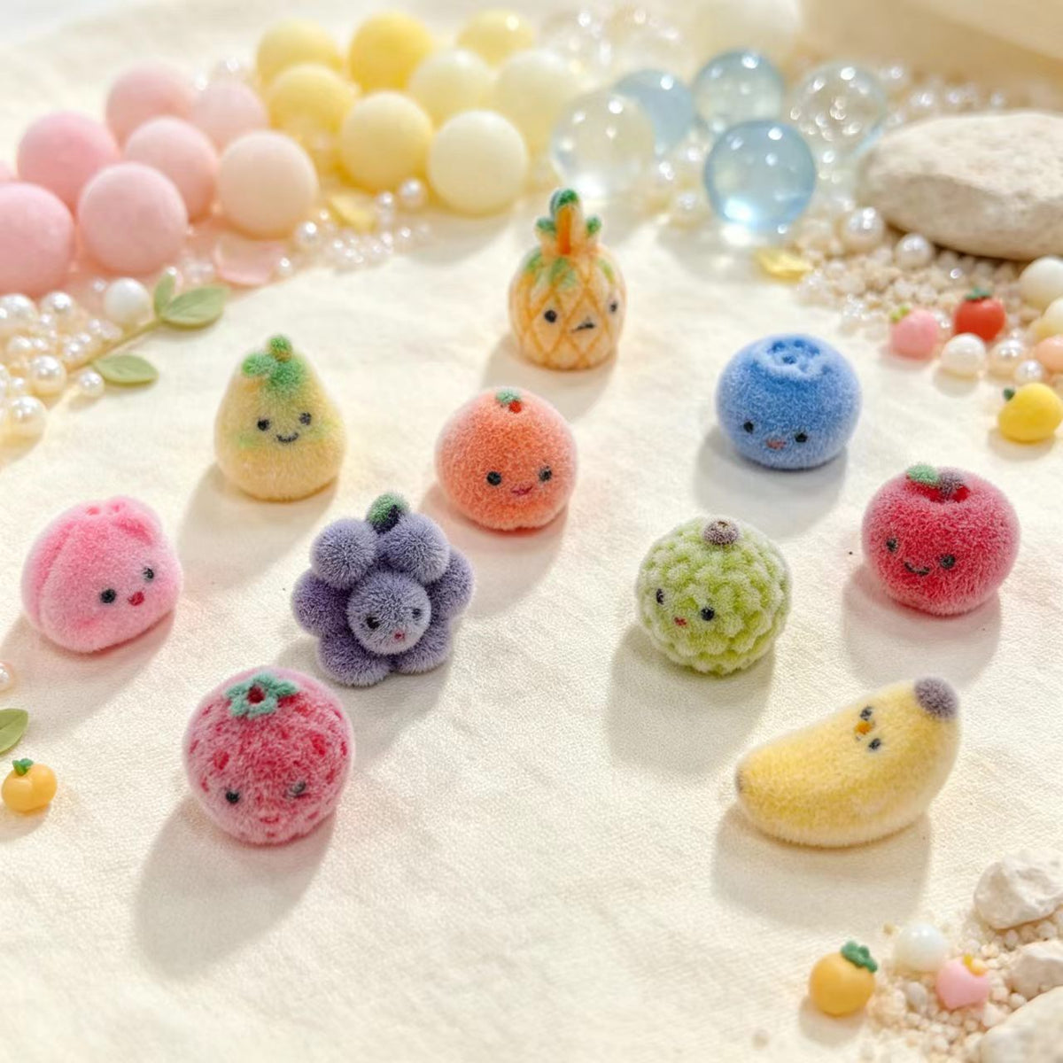 ✨【NEW】Fluffy Fruit｜Flocked Fruit Beads, Vertical Through‑Hole for DIY Jewelry & Craft Making