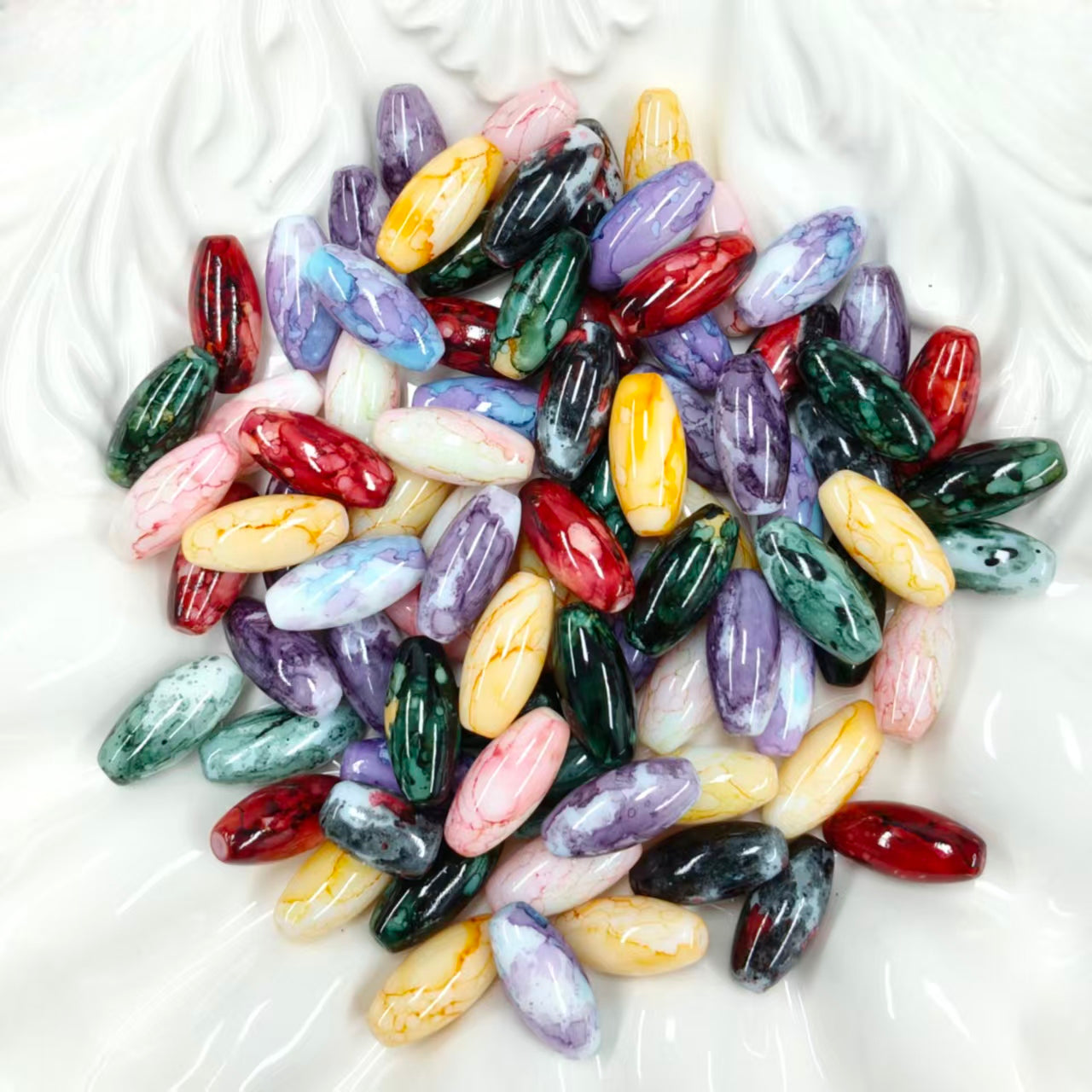 ✨【NEW】Ink Haze Shuttle | Ink‑Swirl Long Oval Glass Beads for DIY Bracelet Earring Jewelry Making