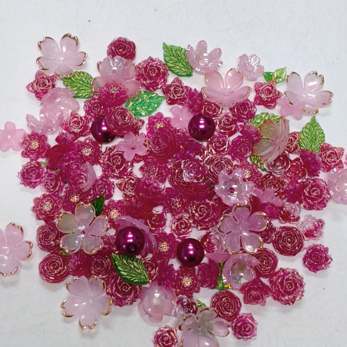 ✨【NEW|B1G1】Fuchsia Petalia | Resin & Acrylic Mixed Flower‑Leaf Set With Pearl‑Like Glass Beads, Assorted Floral Charms for DIY Jewelry Making