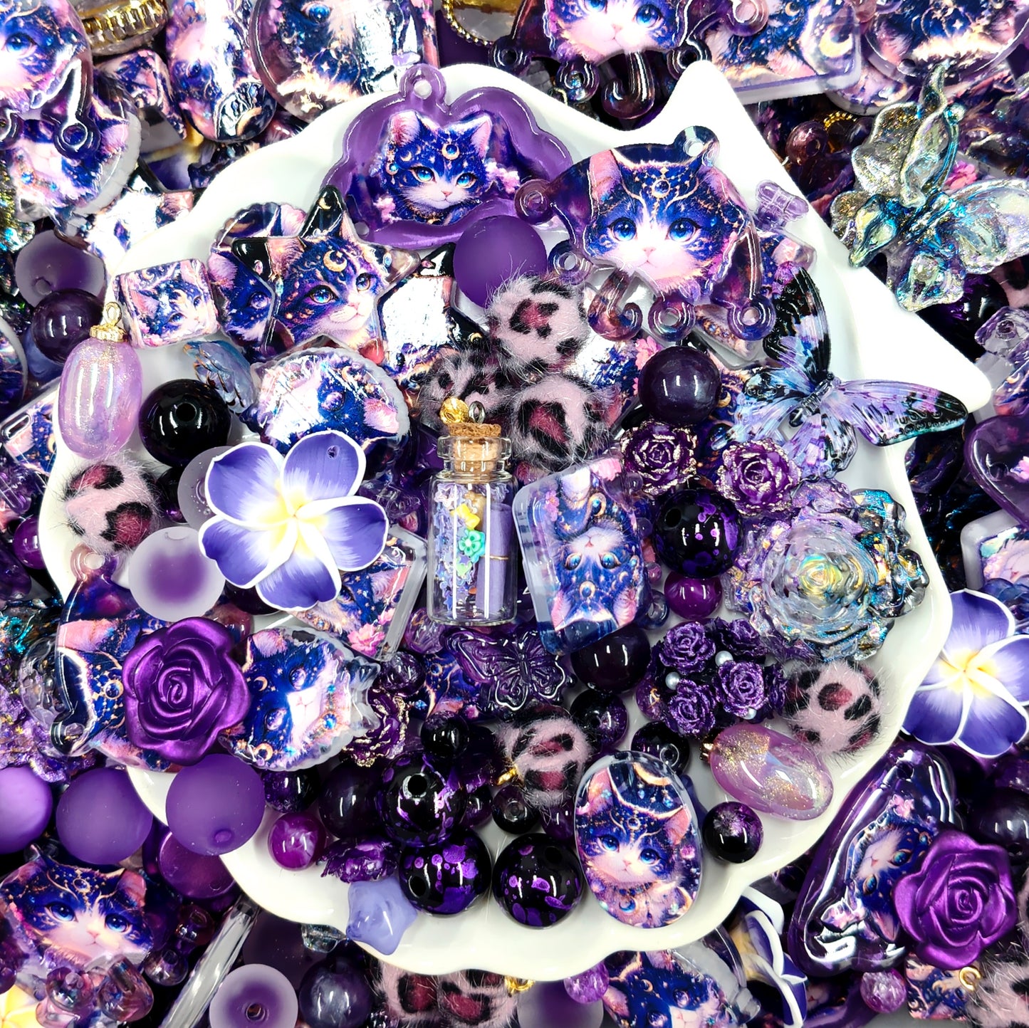 ✨【NEW】Galaxy Kitty｜Purple Galaxy Cat Acrylic Charms & Beads Set for DIY Jewelry Making