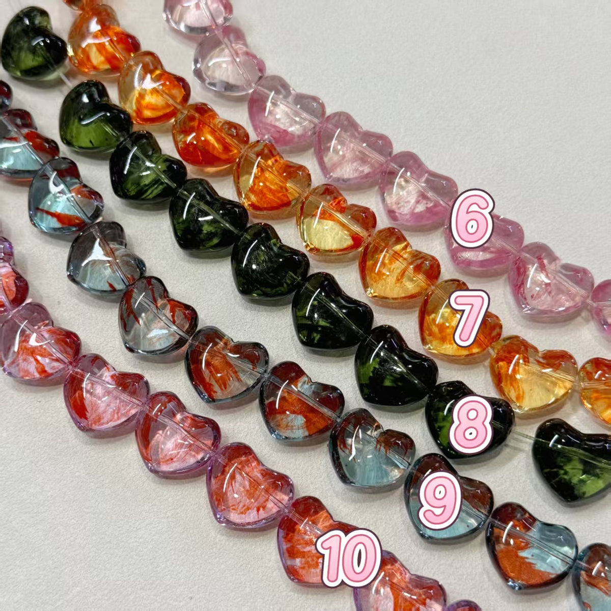 ✨【NEW】Puffy Heart | Brush‑Streaked Horizontal Hole Heart Glass Beads For DIY Bracelet