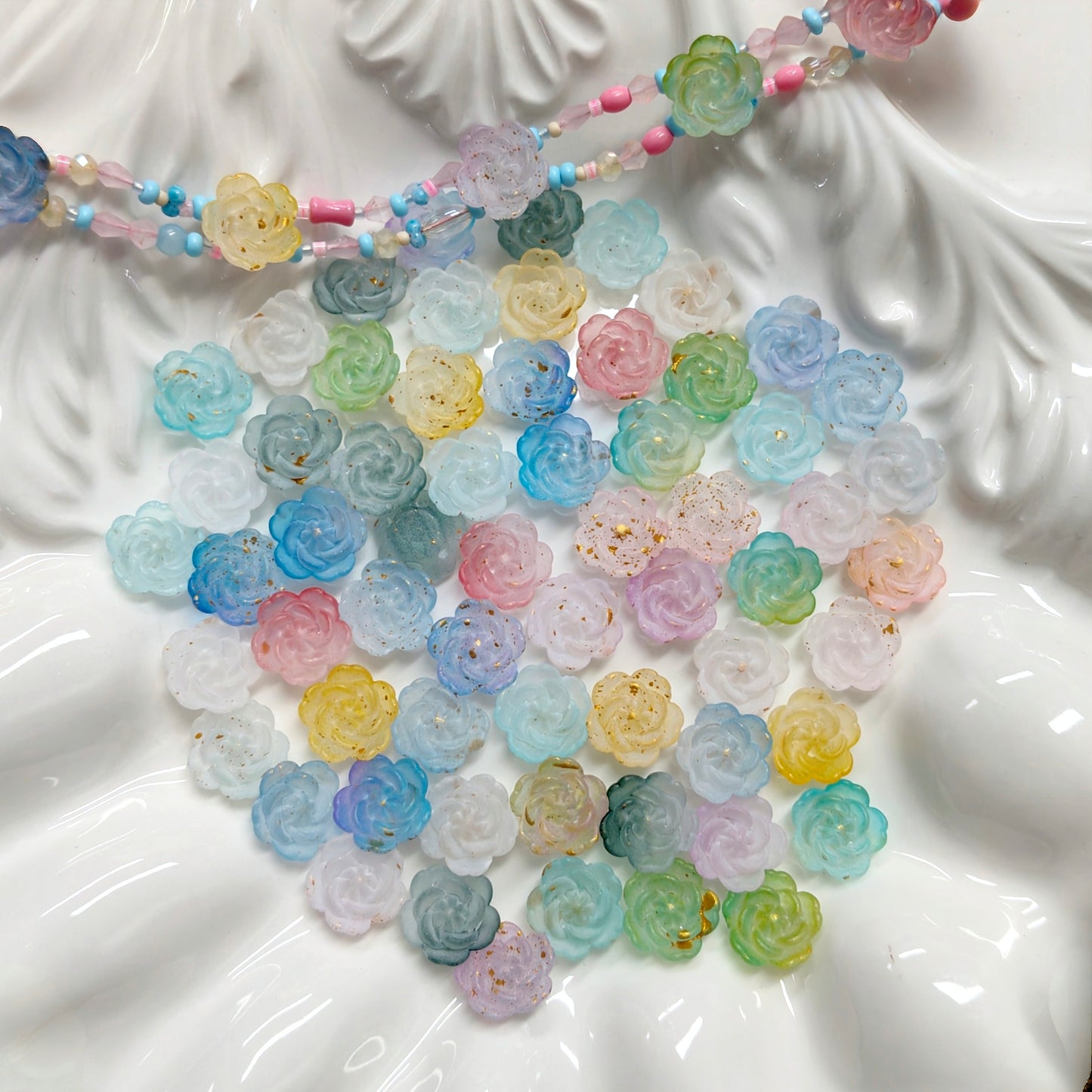 ✨【NEW|BOGO】Frost Gilded Camellia | Matte Gold‑Sprinkled Acrylic Double‑Hole Flower Beads For DIY Jewelry Making