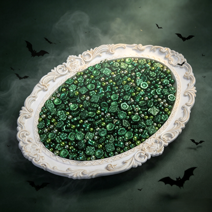 💚【NEW】Emerald Noir | Imitation Pearl Glass Beads, Vintage Embossed Flower Heart Loose Beads for DIY Bracelet Necklace Jewelry Making