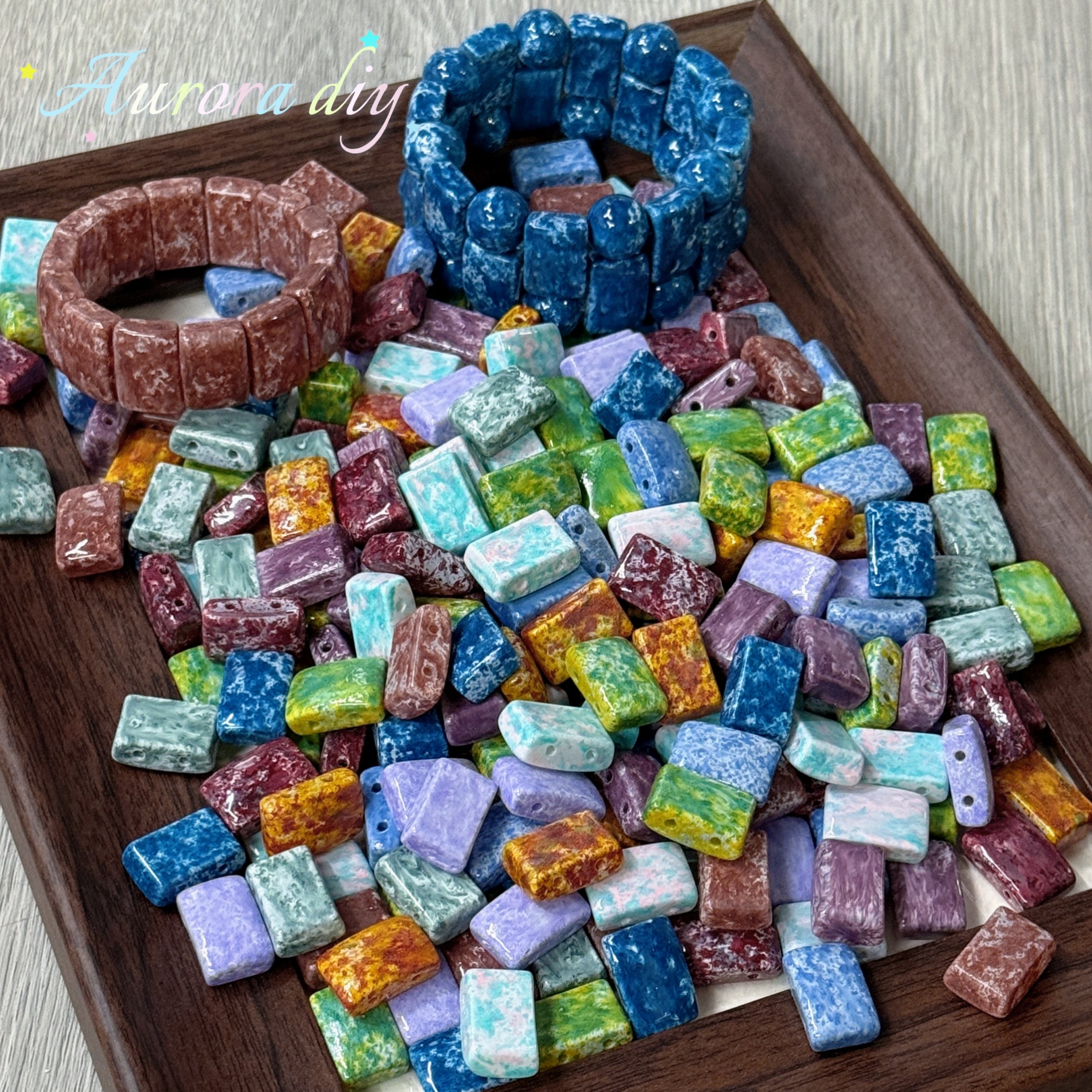✨【NEW】Marble Slab Oil Painting Texture Double Hole Rectangle Glass Beads Vintage Marbled Spacer Beads DIY Bracelet Jewelry Making Supplies