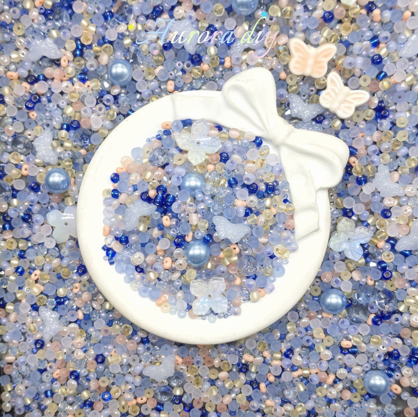 ✨【NEW】Seed Bead-Haze Azure| Low Saturation Dusty Blue Lilac Champagne Glass Seed Beads with Free Pink Ceramic Butterfly Charms