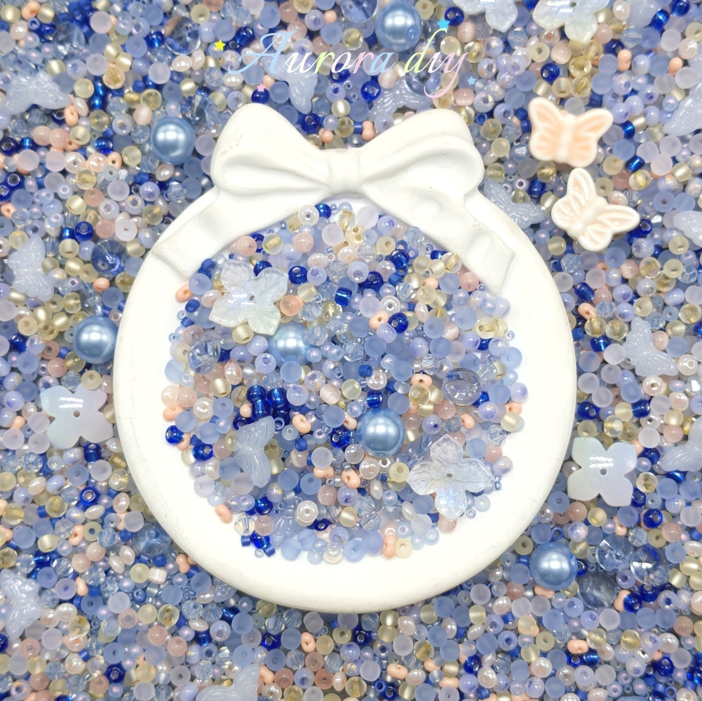 ✨【NEW】Seed Bead-Haze Azure| Low Saturation Dusty Blue Lilac Champagne Glass Seed Beads with Free Pink Ceramic Butterfly Charms