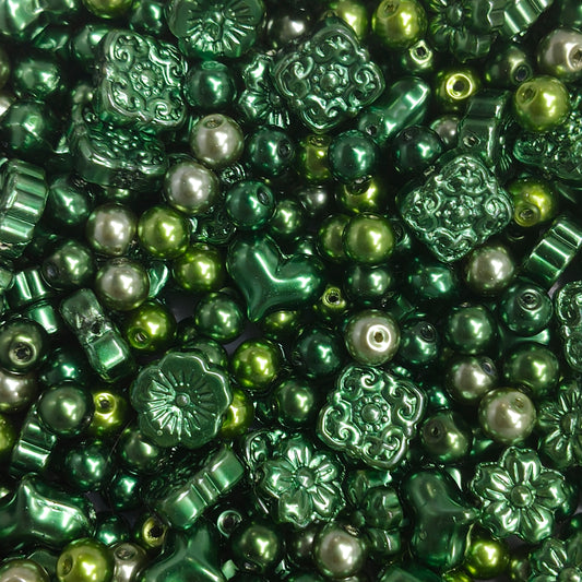 💚【NEW】Emerald Noir | Imitation Pearl Glass Beads, Vintage Embossed Flower Heart Loose Beads for DIY Bracelet Necklace Jewelry Making