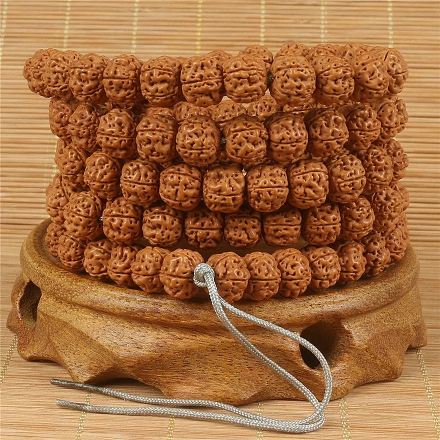 Terracotta Vintage Rudraksha Mala | 114 Pcs Natural Rudraksha Beads, Meditation Prayer Beads, Unisex Wrap Bracelet & Long Necklace