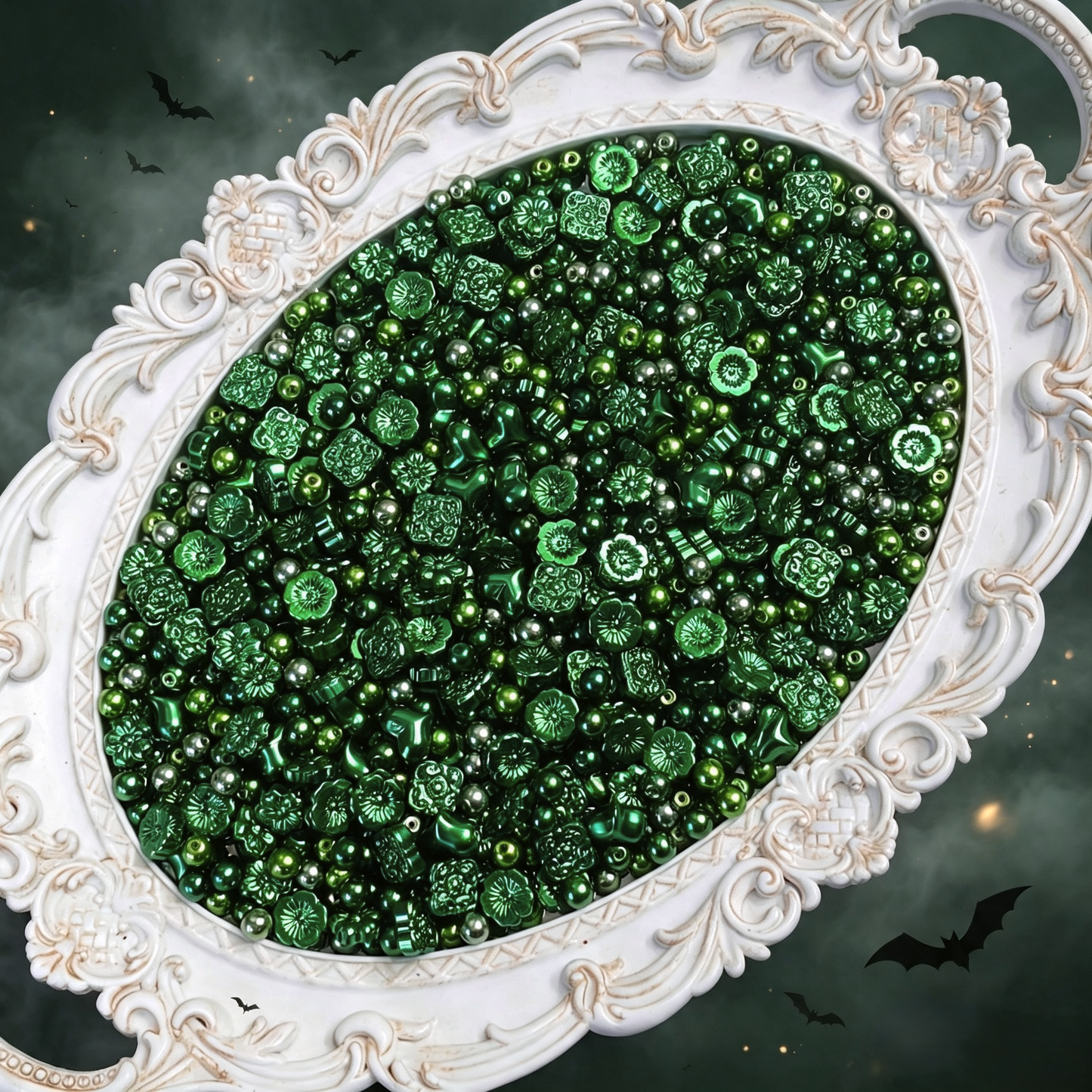💚【NEW】Emerald Noir | Imitation Pearl Glass Beads, Vintage Embossed Flower Heart Loose Beads for DIY Bracelet Necklace Jewelry Making