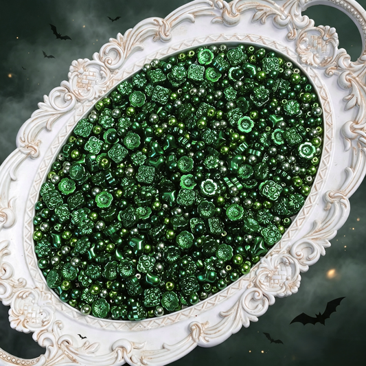 💚【NEW】Emerald Noir | Imitation Pearl Glass Beads, Vintage Embossed Flower Heart Loose Beads for DIY Bracelet Necklace Jewelry Making