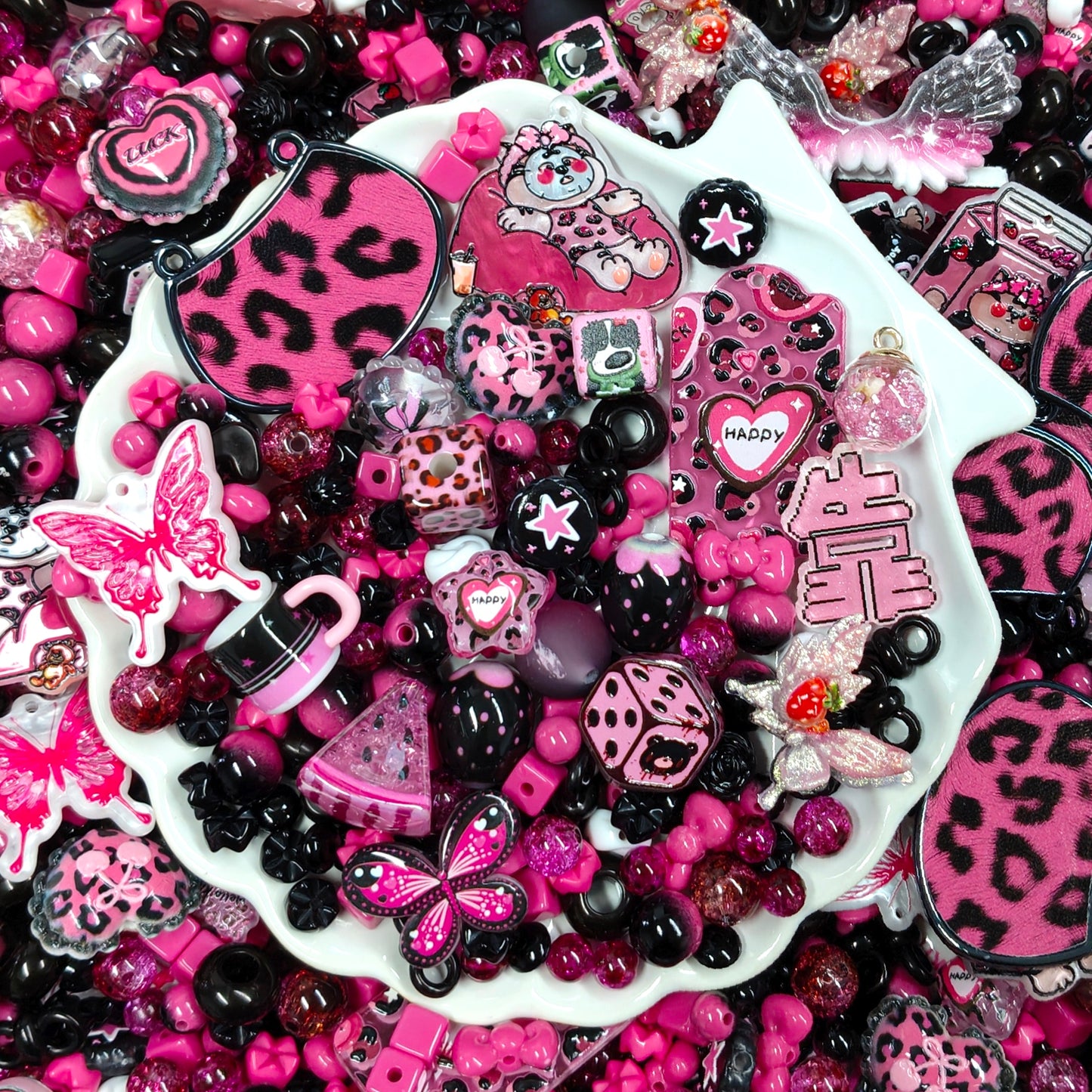 💗【NEW】Pink Leopard | Mixed Acrylic Charms & Beads Set For DIY Handmade Jewelry